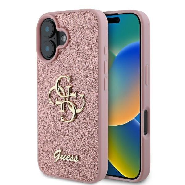 Etui Guess Fixed Glitter Big 4G do iPhone 16, różowa ze złotymi elementami