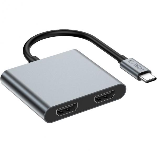 Hub, adapter Tech-Protect HB08 USB-C do 2x HDMI (do 4K 60Hz), USB 2.0, USB-C 100W PD, szary