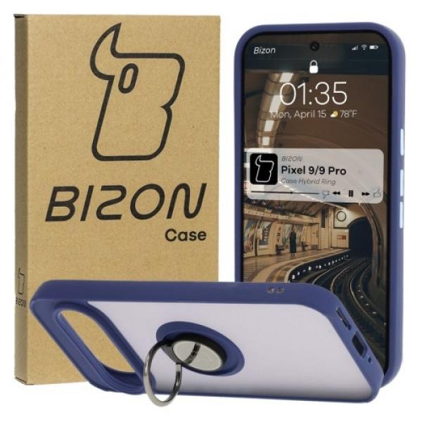 Etui z uchwytem na palec Bizon Case Hybrid Ring do Google Pixel 9 / 9 Pro, przydymione z granatową ramką
