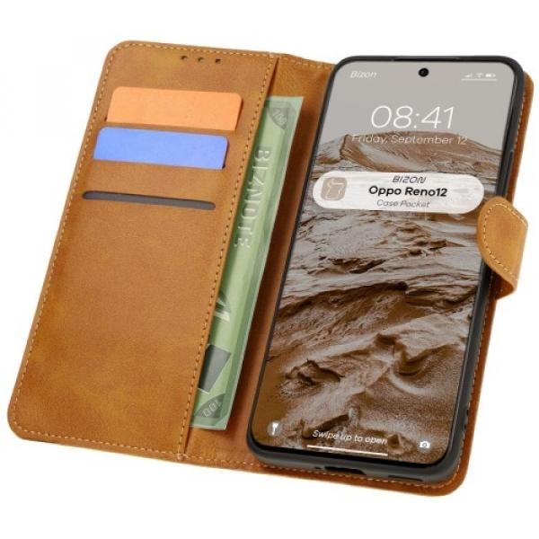 Etui z klapką Bizon Case Pocket do Oppo Reno 12, brązowe