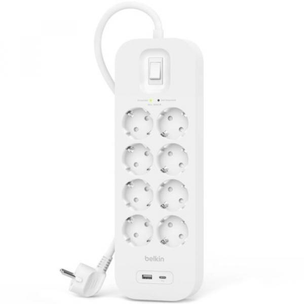 Listwa antyprzepięciowa do 900J Belkin SRB003VF2M, 8x AC EU Schuko, 1x USB-C PD, 1x USB-A, biała