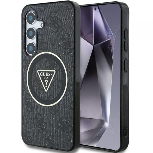 Etui Guess 4G Glitter Triangle Buttons MagSafe do Galaxy S25 Plus, czarne