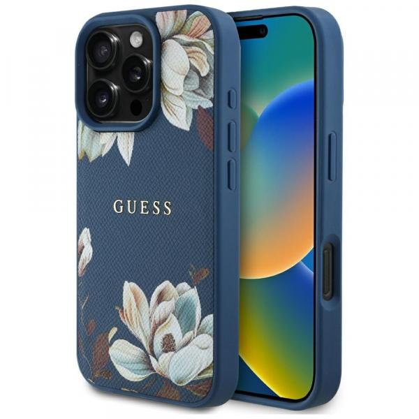 Etui Guess Grained Flower Pattern do MagSafe do iPhone 16 Pro, niebieskie z kwiecistym wzorem