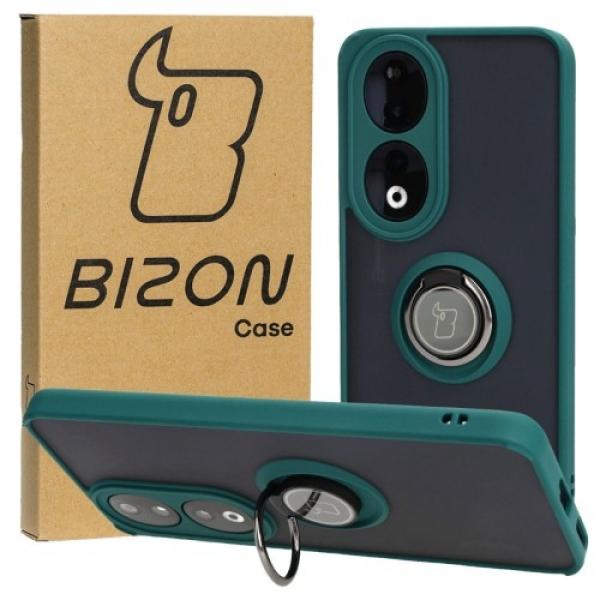 Etui z uchwytem na palec Bizon Case Hybrid Ring do Honor 90, przydymione z ciemnozieloną ramką