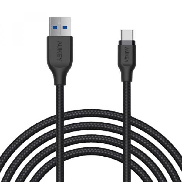 Kabel nylonowy Aukey USB-A do USB-C, QC, 15W, 5Gbps, 2m, czarny