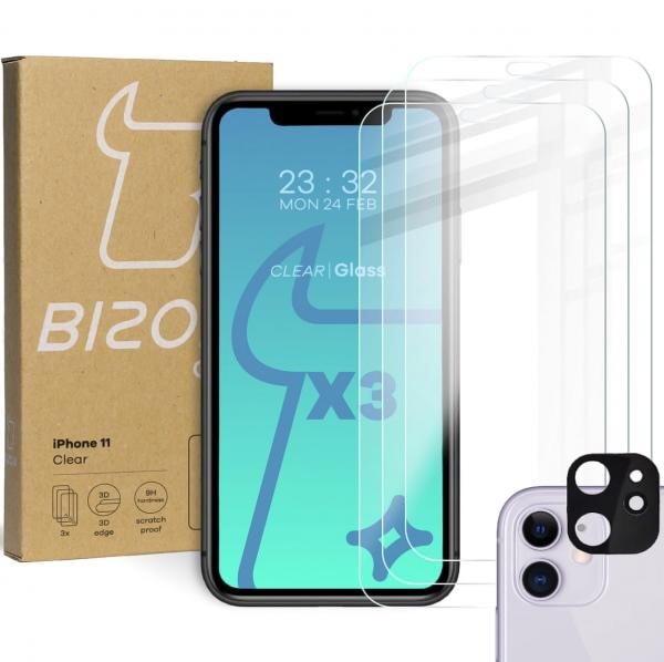 3x Szkło hartowane + szybka na aparat Bizon Glass Clear Pack, iPhone 11