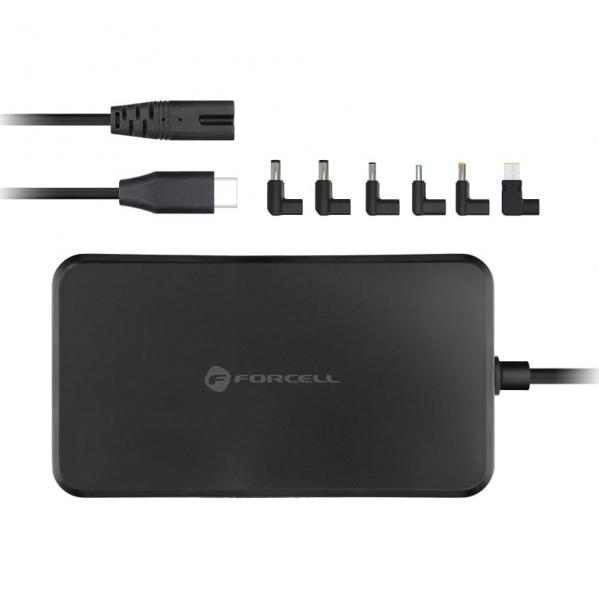 Uniwersalny zasilacz sieciowy do laptopa Forcell F-Energy Laptop power adapter USB-C PD 65W z wymiennymi końcówkami, czarny
