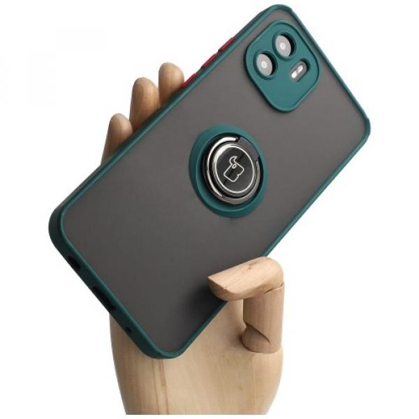 Etui z uchwytem na palec Bizon Case Hybrid Ring do Xiaomi Redmi A1, przydymione z ciemnozieloną ramką