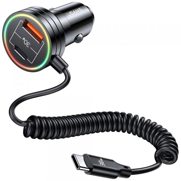 Ładowarka samochodowa USAMS US-CC167 60W 1x USB-C / 1x USB-A, z wbudowanym kablem USB-C, czarna