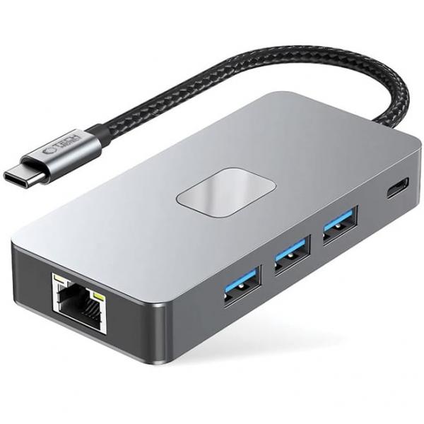 Hub, adapter Tech-Protect HB05, 9w1 3x USB-A, 2x USB-C, HDMI 4k/60Hz, Ethernet RJ-45, czytnik kart SD / TF, PD 100W, szary