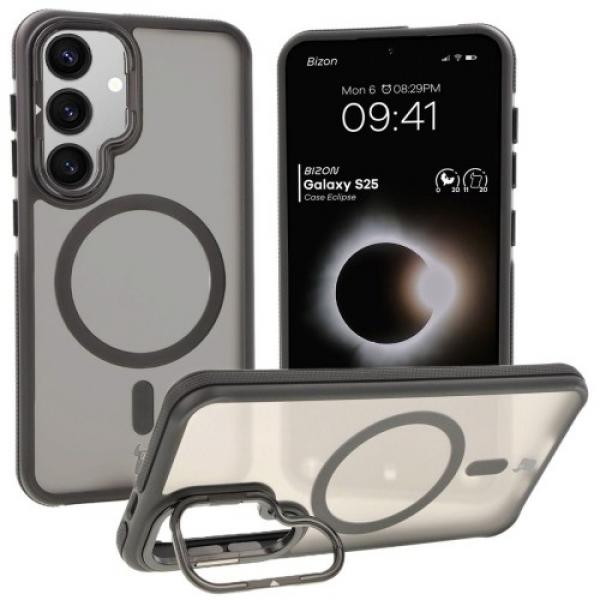 Etui z podstawką i pierścieniem magnetycznym Bizon Case Eclipse do Galaxy S25, przydymione z czarną ramką