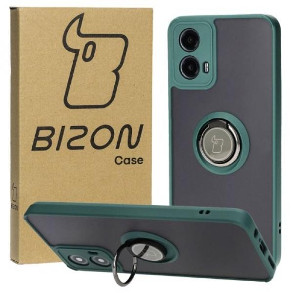 Etui z uchwytem na palec Bizon Case Hybrid Ring do Motorola Moto G34 5G, przydymione z ciemnozieloną ramką