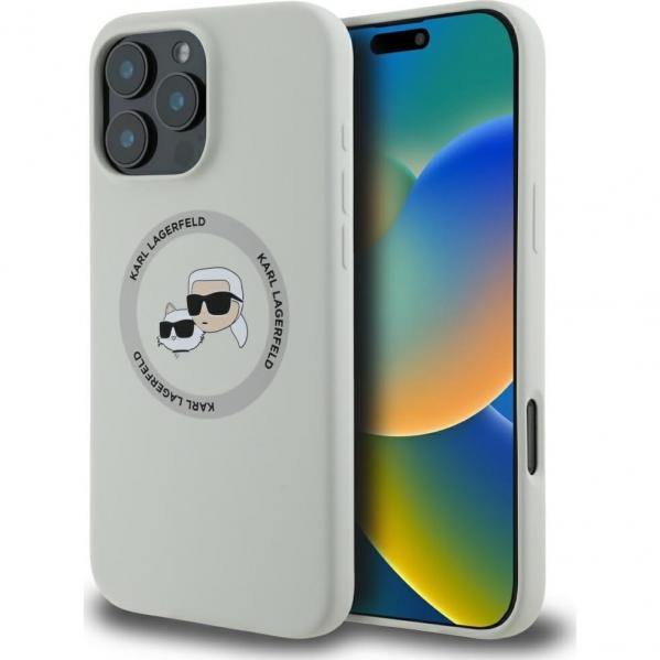 Etui Karl Lagerfeld Hard Case Silicone Karl & Choupette Heads Ring MagSafe do iPhone 16 Pro Max, beżowe