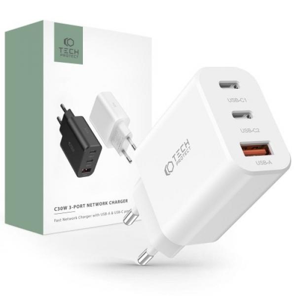 Ładowarka sieciowa Tech-Protect C30W 3-PORT Network 30W USB-C, PD, biała