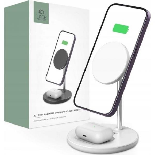 Ładowarka indukcyjna Tech-Protect Qi15W A21 2IN1 Magnetic Magsafe Wireless Charger, biała