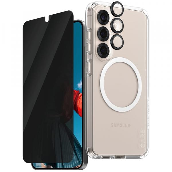 Etui ze szkłem prywatyzującym na ekran i aparat CARE by PanzerGlass Flagship 3in1 Privacy do Galaxy S25, przezroczyste