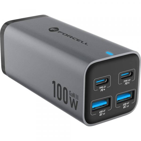 Ładowarka biurkowa, stacja ładująca Forcell F-Energy VT-49 100W, 2x USB-C / 2x USB-A PD QC 4.0 GaN III, szara