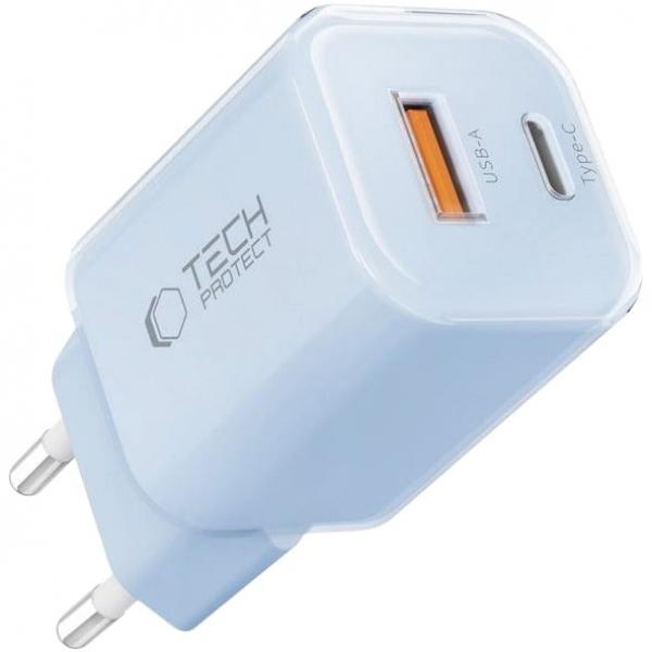 Ładowarka sieciowa Tech-Protect NCM33W 2-PORT NETWORK 33W USB-C PD, USB-A QC 3.0, jasnoniebieska