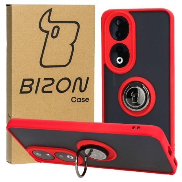 Etui z uchwytem na palec Bizon Case Hybrid Ring do Honor 90, przydymione z czerwoną ramką