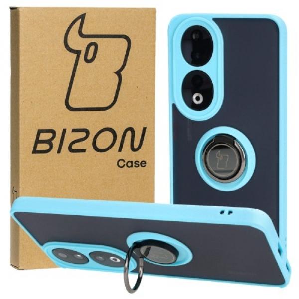 Etui z uchwytem na palec Bizon Case Hybrid Ring do Honor 90, przydymione z jasnoniebieską ramką