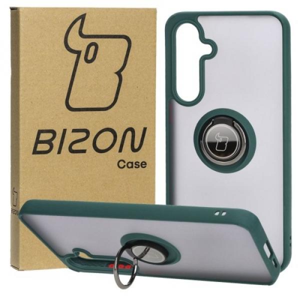 Etui z uchwytem na palec Bizon Case Hybrid Ring do Galaxy S24 FE, przydymione z ciemnozieloną ramką