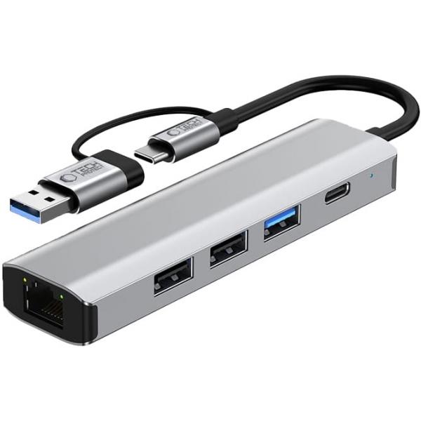 Hub, adapter Tech-Protect HB03, 5w1 2x USB-A 3.0, 1x USB-A 2.0, 1x USB-C, RJ-45, szary