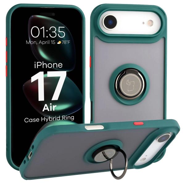Etui z uchwytem na palec Bizon Case Hybrid Ring do iPhone 17 Air, przydymione z ciemnozieloną ramką