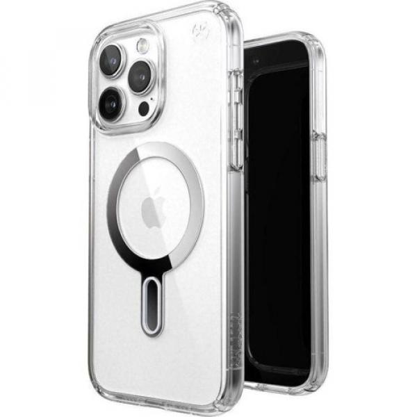 Etui Speck Presidio ClickLock Perfect-Clear MagSafe do iPhone 15 Pro Max, przezroczysto-chromowo-srebrne