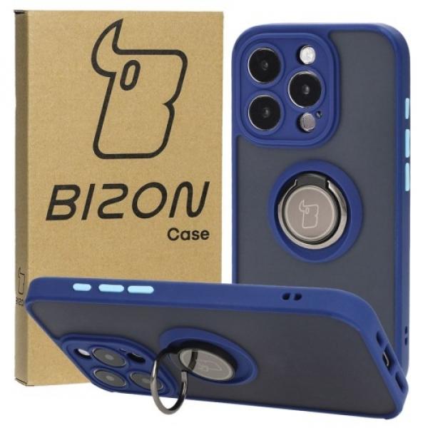 Etui z uchwytem na palec Bizon Case Hybrid Ring do iPhone 15 Pro, przydymione z granatową ramką