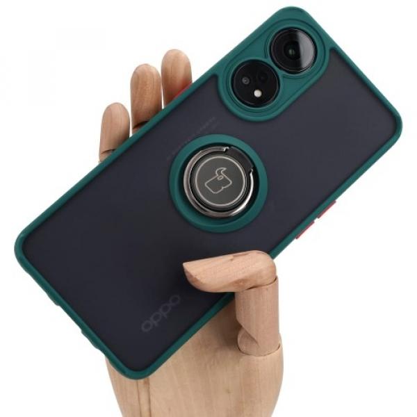 Etui z uchwytem na palec Bizon Case Hybrid Ring do Oppo Reno8 T, przydymione z ciemnozieloną ramką