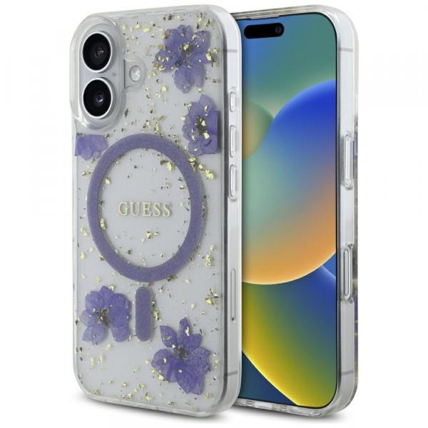 Etui Guess Resin Flowers Glitter MagSafe do iPhone 16, fioletowe z kwiecistym wzorem