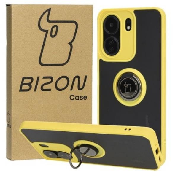 Etui z uchwytem na palec Bizon Case Hybrid Ring do Xiaomi Redmi 13C / Xiaomi Pocophone C65, przydymione z żółtą ramką