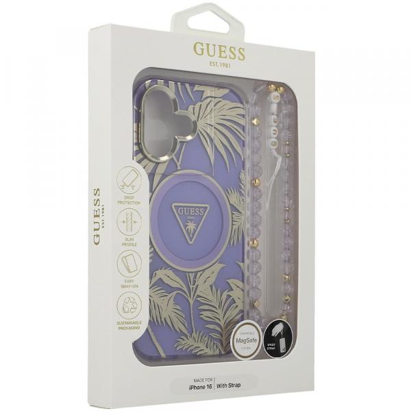 Etui Guess Palm Trees Triangle Pearl Strap MagSafe do iPhone 16, fioletowe