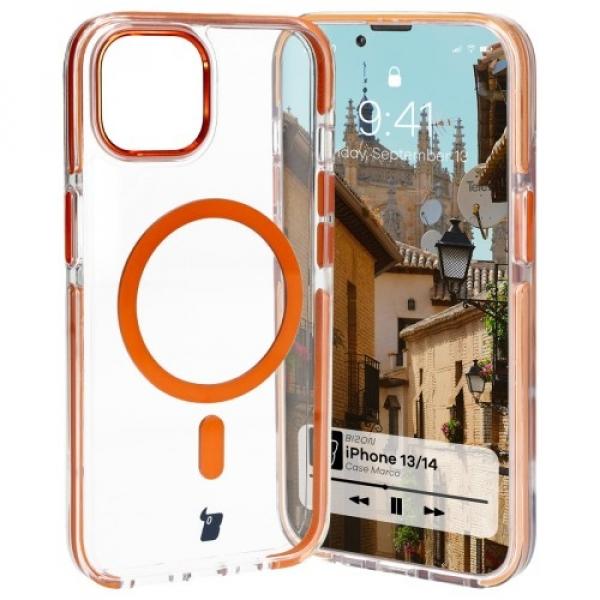 Etui z pierścieniem magnetycznym Bizon Case Marco do iPhone 14/13, przezroczyste z pomarańczową ramką