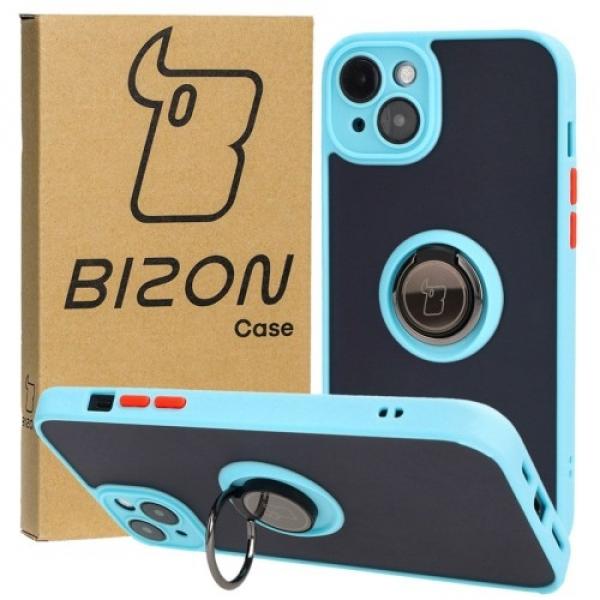 Etui z uchwytem na palec Bizon Case Hybrid Ring do iPhone 15 Plus, przydymione z jasnoniebieską ramką