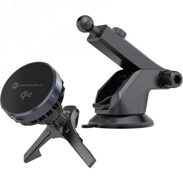 Uchwyt samochodowy na szybę / deskę rozdzielczą / kartkę nawiewu Forcell F-Grip Cool Mag, ładowanie Qi2 15W do MagSafe, czarne