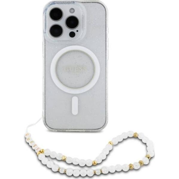 Etui Guess IML Glitter with Pearl Strap MagSafe do iPhone 16 Pro Max, przezroczyste z brokatem
