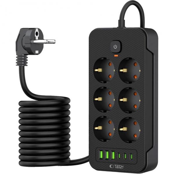 OUTLET: Listwa zasilająca/ przedłużacz Tech-Protect PC6x6, 6x gniazdo sieciowe Schuko, 3x USB-C, 3x USB-A, wraz z kablem 2m, czarna