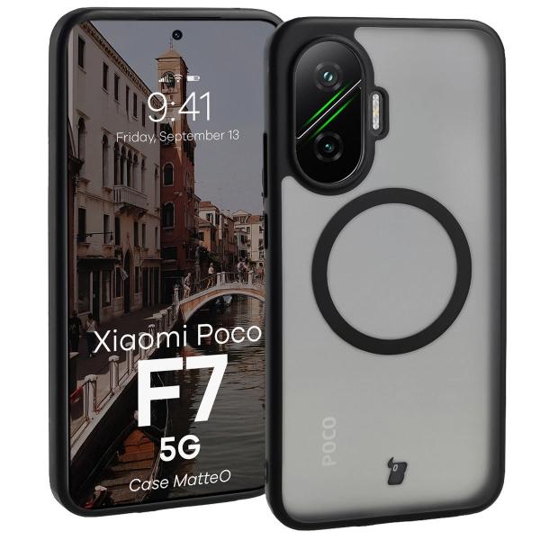 Etui z pierścieniem magnetycznym Bizon Case MatteO do Xiaomi POCO F7, przydymione-czarne