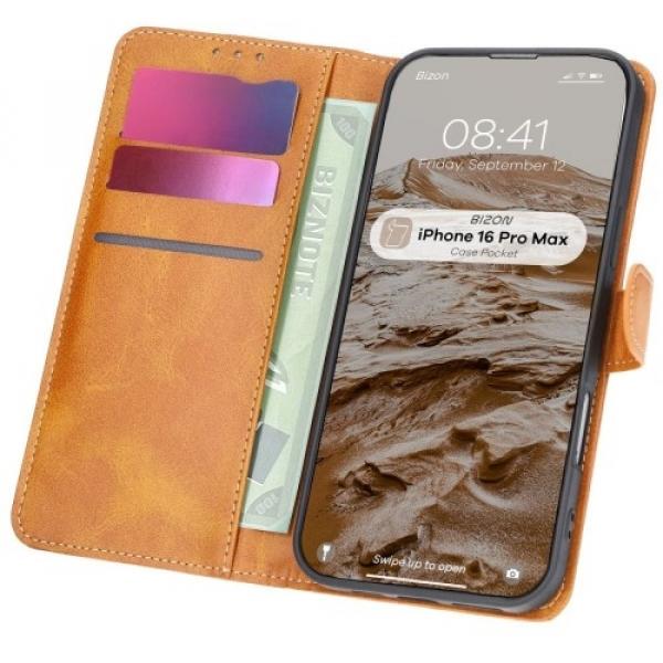 Etui z klapką Bizon Case Pocket do iPhone 16 Pro Max, brązowe