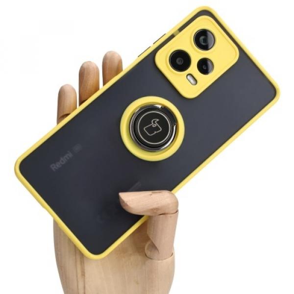 Etui z uchwytem na palec Bizon Case Hybrid Ring do Xiaomi Redmi Note 12 Pro 5G, przydymione z żółtą ramką