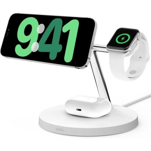 OUTLET: Ładowarka indukcyjna Belkin Boost MFi 3-in-1 Qi2 15W dla Apple Watch / AirPods / iPhone z MagSafe, biała