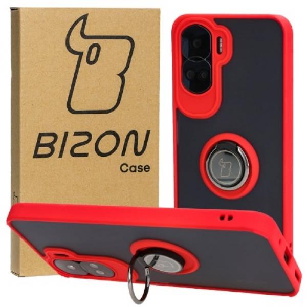 Etui z uchwytem na palec Bizon Case Hybrid Ring do Honor 90 Lite, przydymione z czerwoną ramką