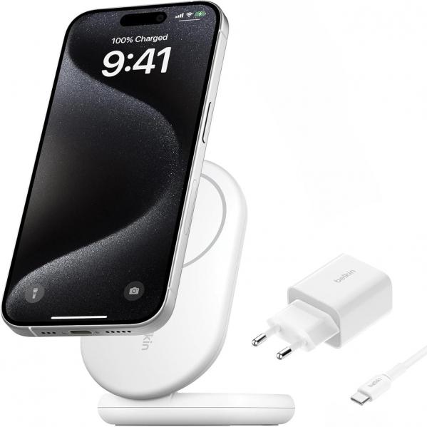 Ładowarka indukcyjna Belkin Boost Foldable Qi2 15W WIB007 dla iPhone z MagSafe +PSU, biała