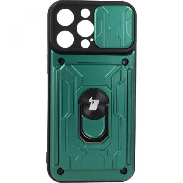 Etui Bizon Case Camshield Card Slot Ring do iPhone 14 Pro Max, zielone