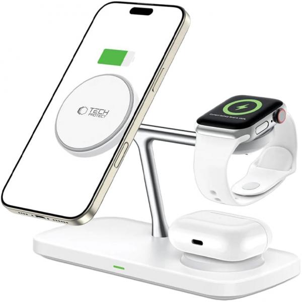 Ładowarka indukcyjna 3w1 Tech-Protect A45 Magnetic Stand Qi 15W do MagSafe, biała
