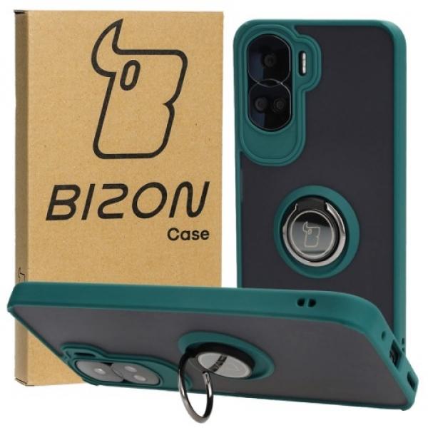 Etui z uchwytem na palec Bizon Case Hybrid Ring do Honor 90 Lite, przydymione z ciemnozieloną ramką