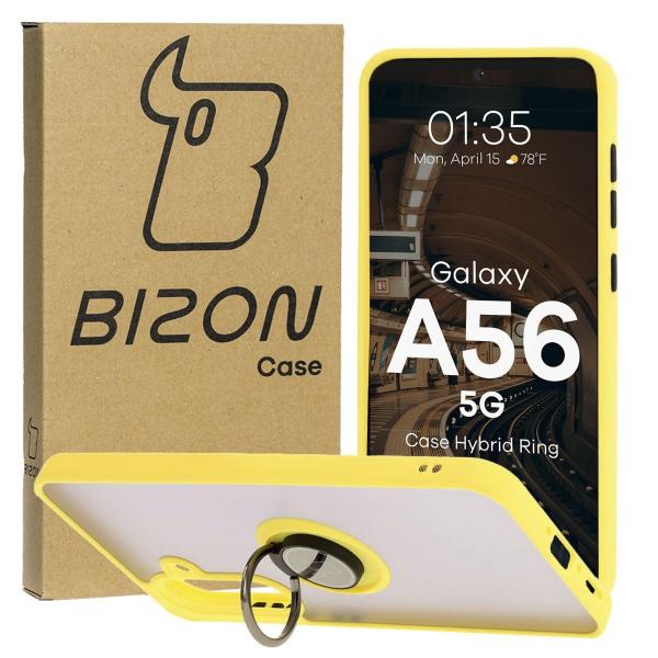Etui z uchwytem na palec Bizon Case Hybrid Ring do Galaxy A56 5G, przydymione z żółtą ramką