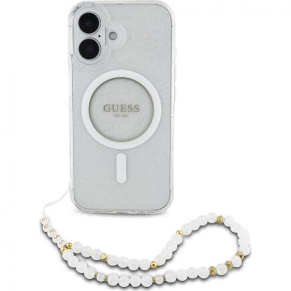 Etui Guess IML Glitter with Pearl Strap MagSafe do iPhone 16, przezroczyste