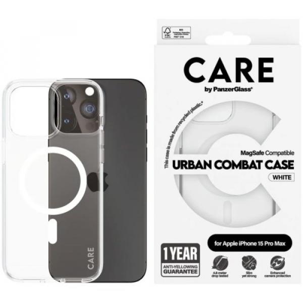 Etui CARE by PanzerGlass Urban Combat Case MagSafe do iPhone 15 Pro Max, przezroczyste z białym